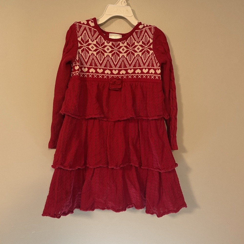 Hanna Andersson 110 US 5 Red Cotton Nordic Girls Sweater Dress Holiday Heart
